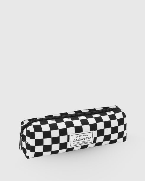 One-compartment pencil case in black and white checkerboard ZG712 - thumbnail