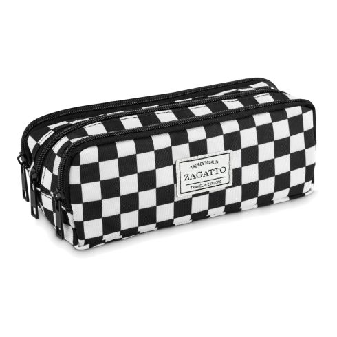 Three-chamber school pencil case in black and white checkered / checkerboard ZG723 - thumbnail