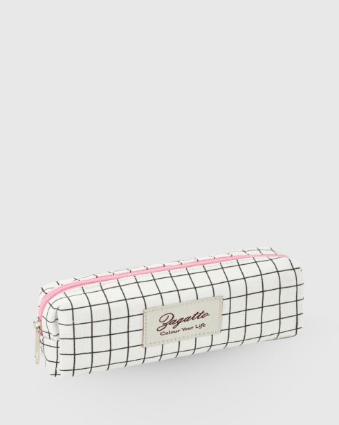White pencil case with pink zippers in black check ZG714 - thumbnail